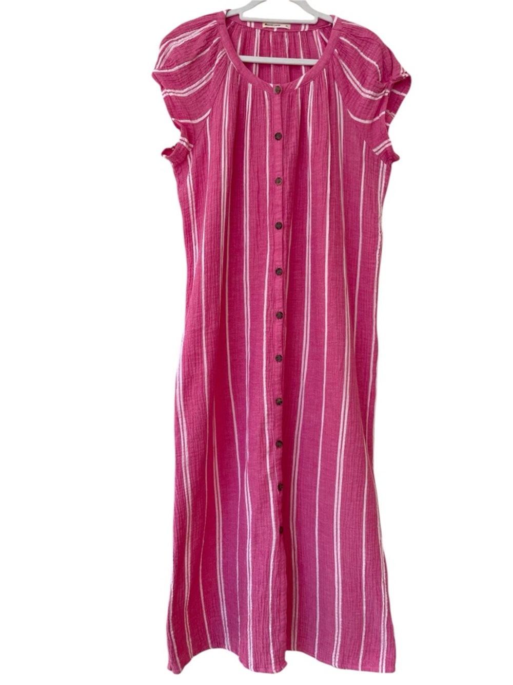 Marine Layer Maxi Shirtdress Cotton Guaze Pink White Summer Comfy Casual Size XL